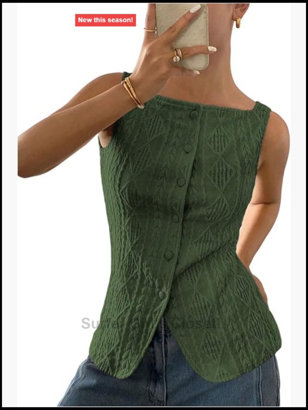 Womens Sleeveless Textured Button Up Vest Square Neck Dressy Tank Top